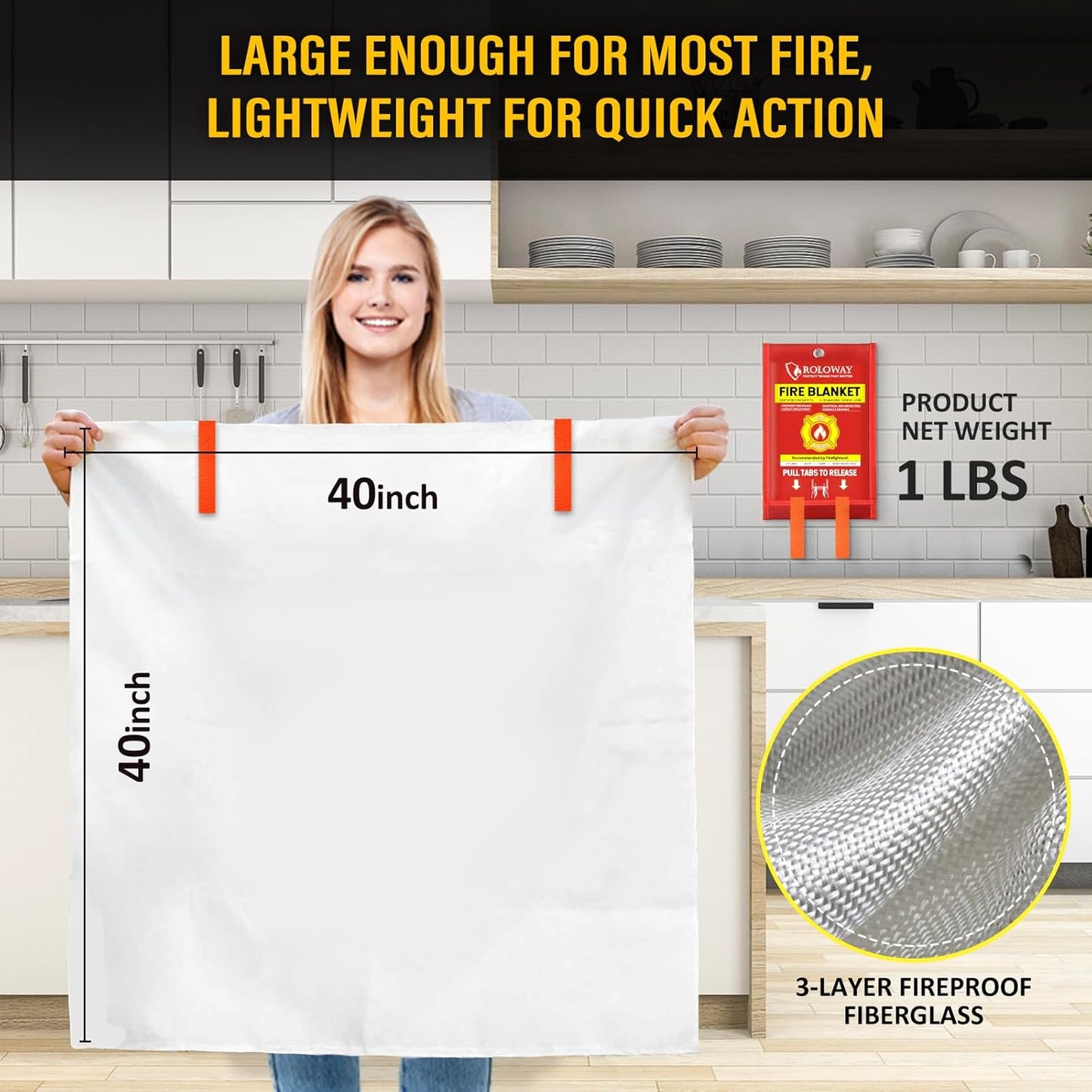 ROLOWAY Emergency Fire Blanket for Home and Kitchen, Fire Blankets Emergency for Home Safety (40 x 40 Inch) with Hooks, Gloves, Fire Suppression Blanket with Emergency Whistle for Fire Safety (2 Pack)