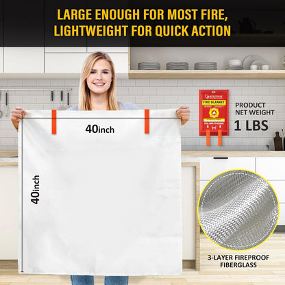 ROLOWAY Emergency Fire Blanket for Home and Kitchen, Fire Blankets Emergency for Home Safety (40 x 40 Inch) with Hooks, Gloves, Fire Suppression Blanket with Emergency Whistle for Fire Safety (2 Pack)