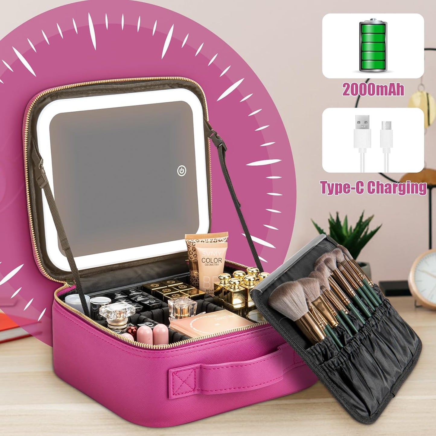 Makeup Travel Train Case with Mirror LED Light 3 Adjustable Brightness Large Cosmetic Bag Portable Storage Adjustable Partition Waterproof Makeup Brushes Make up Jewelry Gift for Women