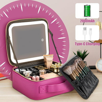 Makeup Travel Train Case with Mirror LED Light 3 Adjustable Brightness Large Cosmetic Bag Portable Storage Adjustable Partition Waterproof Makeup Brushes Make up Jewelry Gift for Women