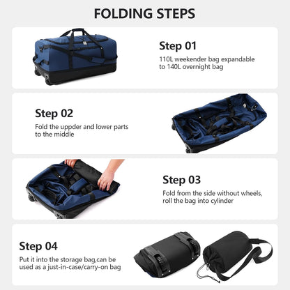 CONTAIL 32" Soft-Sided Rolling Duffle Bag with 2 Wheels,Expandable from 110L to 140L, Foldable Travel Duffel with Multiple Compartments,Navy