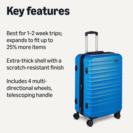 Amazon Basics 26" Hardside Medium Checked Luggage, Hardshell Suitcase With Wheels, Expandable For Up to 15% More Space, With Scratch-Resistant Surface, Four Multi-directional Wheels, Light Blue