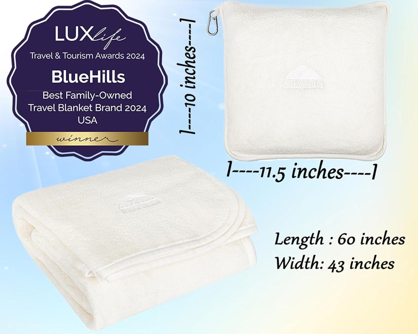 BlueHills Premium Soft Plush Travel Blanket Pillow for Airplane Traveling Essentials in a Bag Flight Throw with Backpack Clip Compact Portable Plane Accessories Ivory White - T025