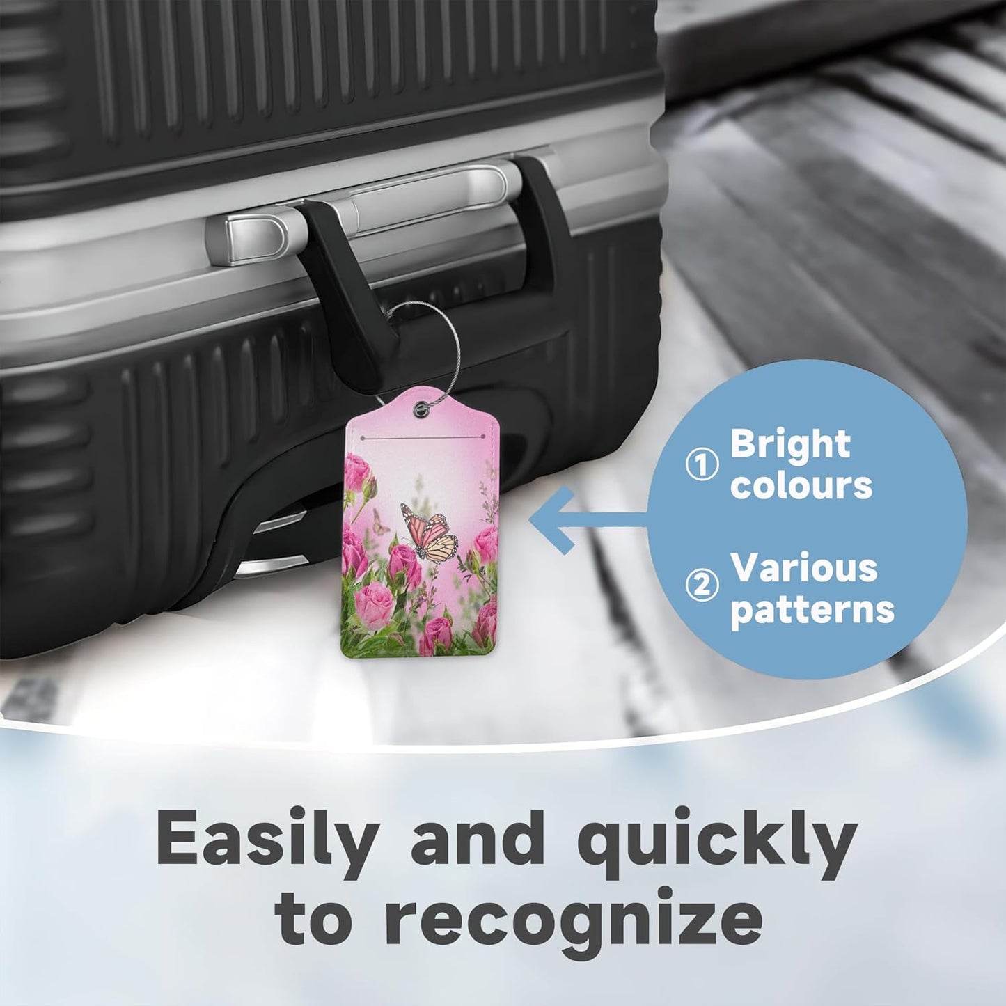 2 Pack Luggage TagsButterfly Rose Floral with Stainless Steel Loop and Privacy Cover for Women Men Travel Luggage Accessories