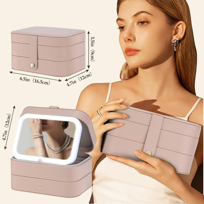 Travel Jewelry Case with LED Lighted Mirror, Personalized Birthday Gifts for Women Girls Kids, 2-Layer Portable Travel Jewelry Organizer, Travel Essentials (Autumn Apricot)