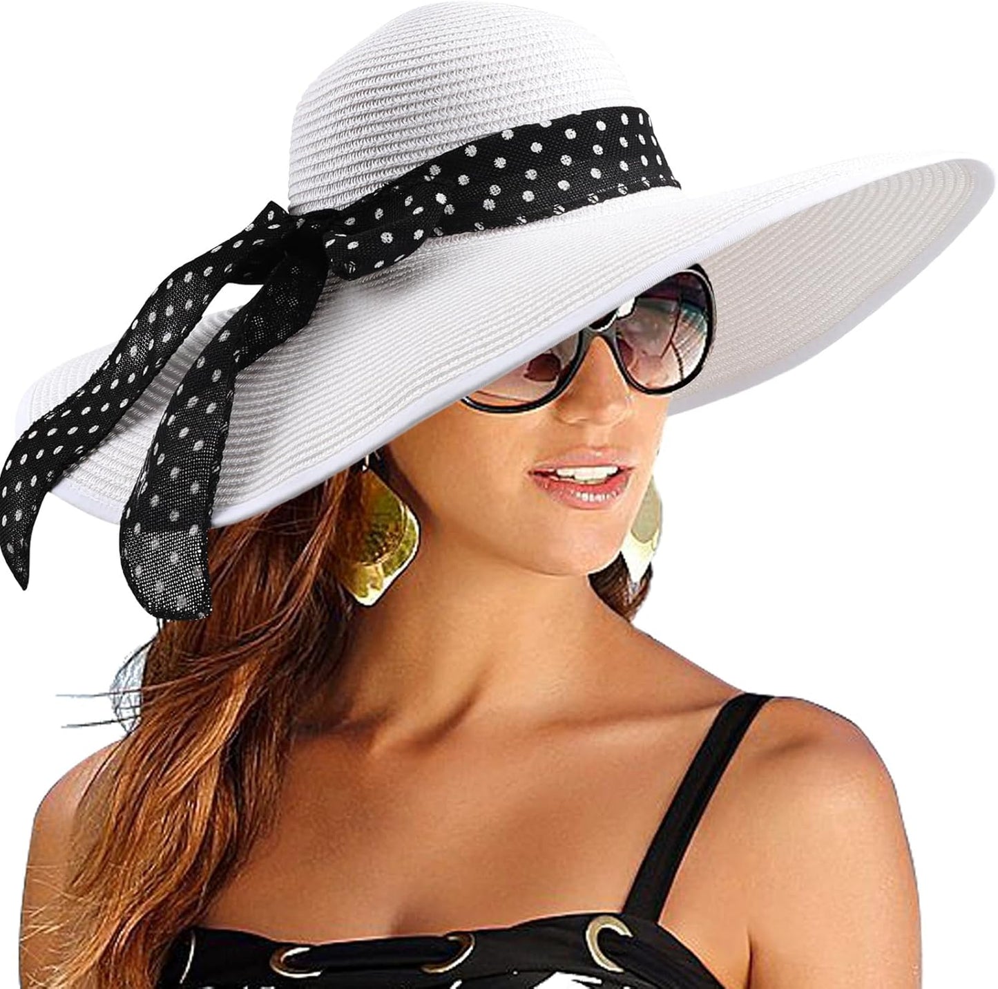 DRESHOW Beach Hats for Women Big Straw Wide Brim Summer Hat Floppy Foldable Roll up Cap Sun Hat UPF 50+