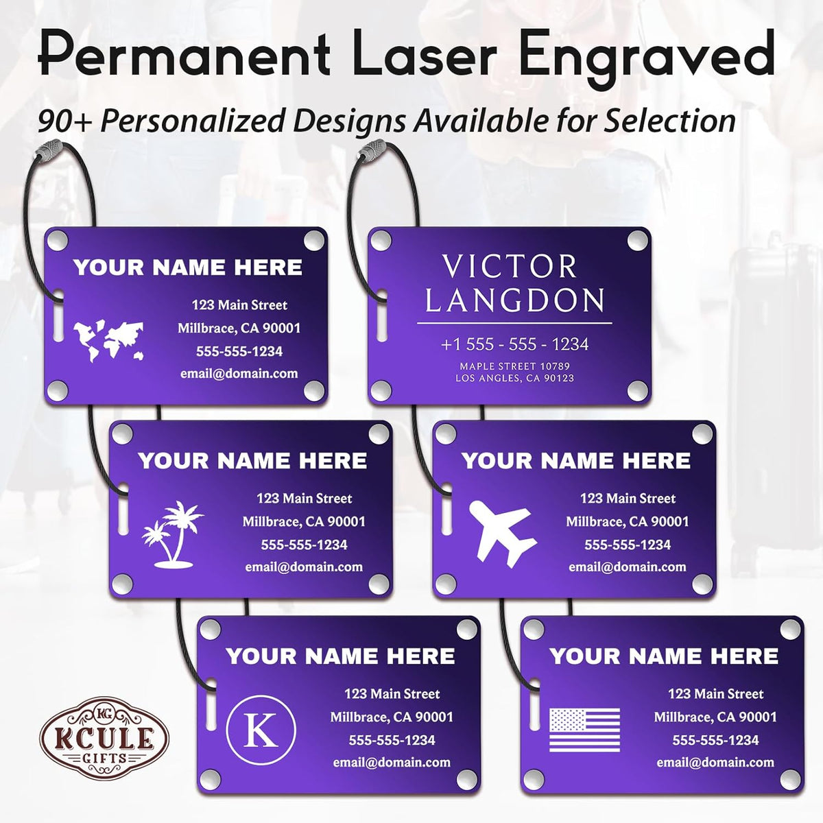 Personalized Luggage Tags: Custom Metal Luggage Tags for Suitcases, Backpacks and Bags with Your Personalized Text (Purple)
