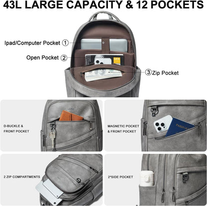 43L Backpack for Women Men - Vegan Leather Backpack Purse Travel Carry-on Bag College Bookbag Work fits 17" Laptop,DimGray