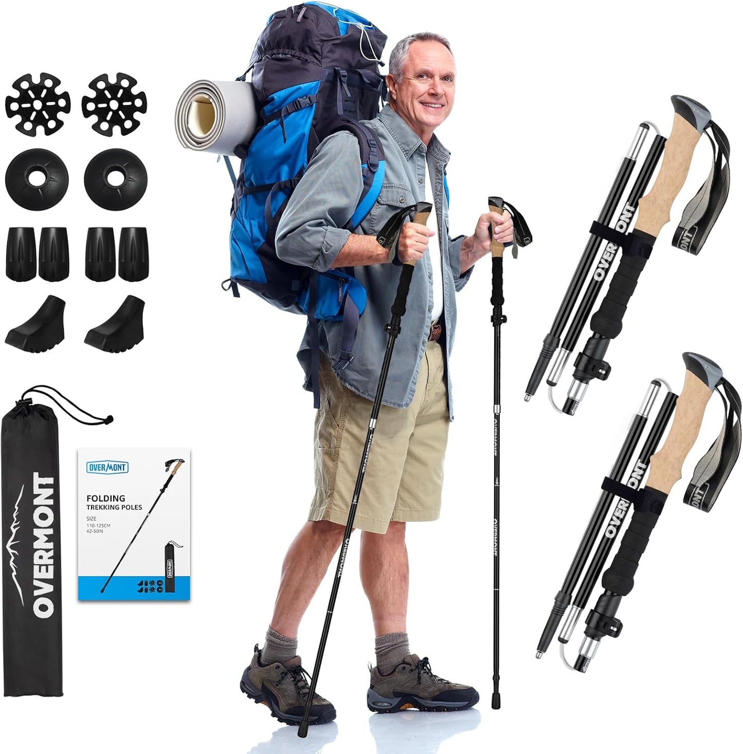 Overmont 7075 Aluminum Trekking Poles - Lightweight Collapsible Hiking Poles Adjustable Walking Sticks with EVA Handle All Terrain Accessories Carry Bag - Set of 2