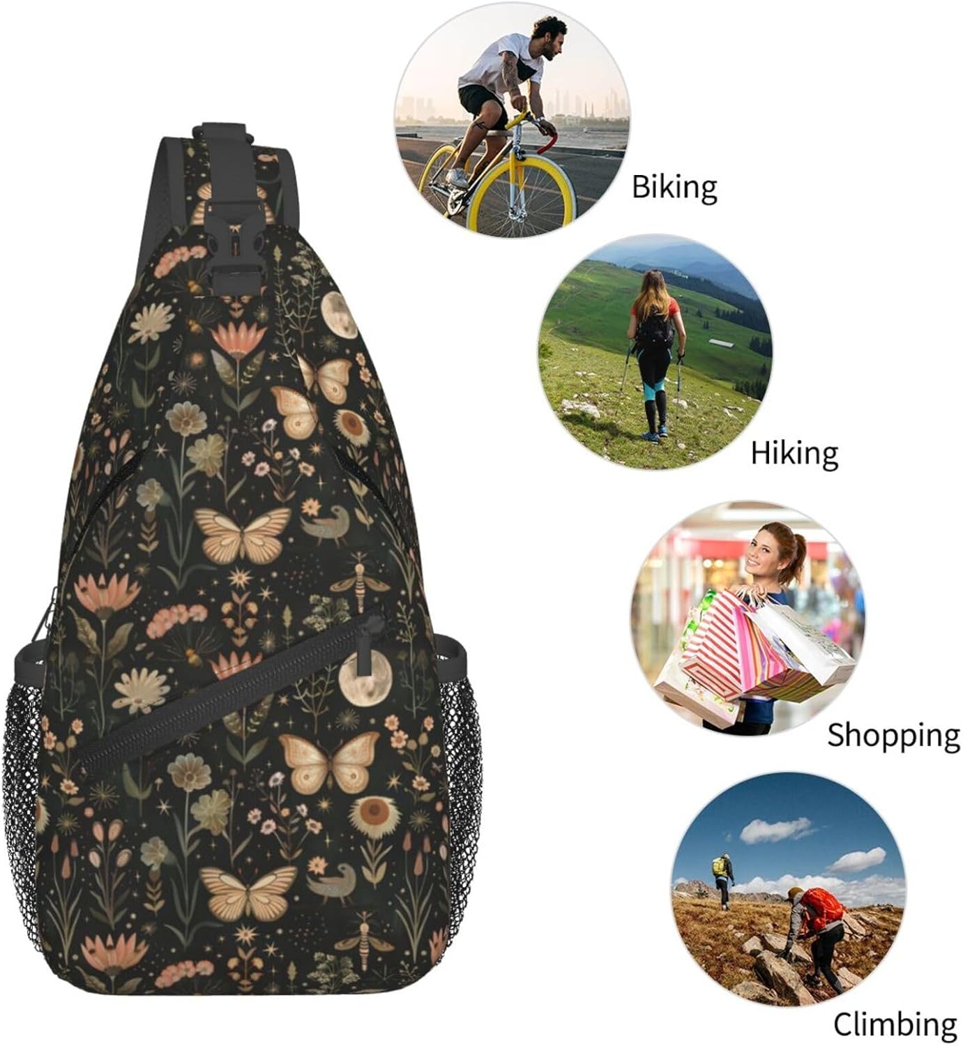 SUPLUCHOM Sling Bag Vintage Butterfly Moon Flower Hiking Daypack Crossbody Shoulder Backpack Travel Chest Pack for Men Women