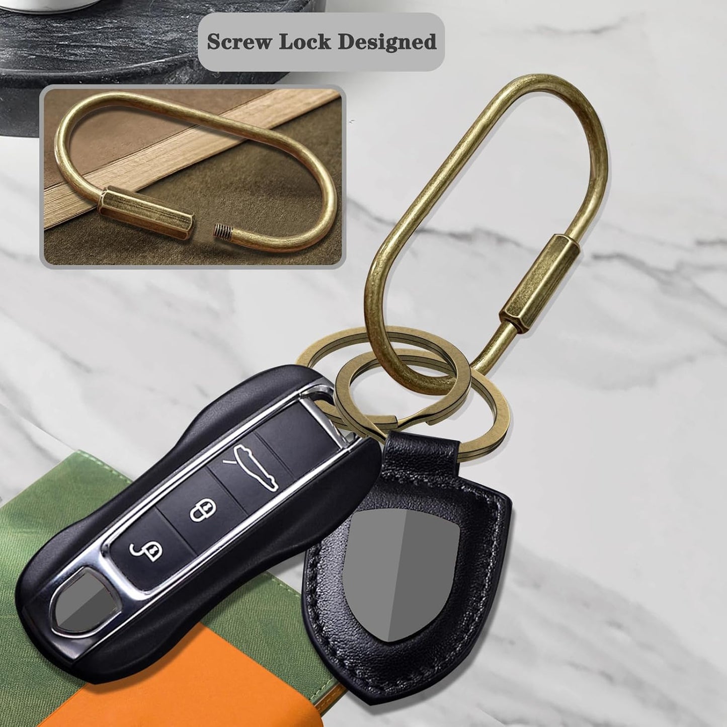Key Chain, Brass Key Rings 2 Pack Screw Lock Key Organizer with 4 Rings Carabiner Keychain Clip for Men and Women