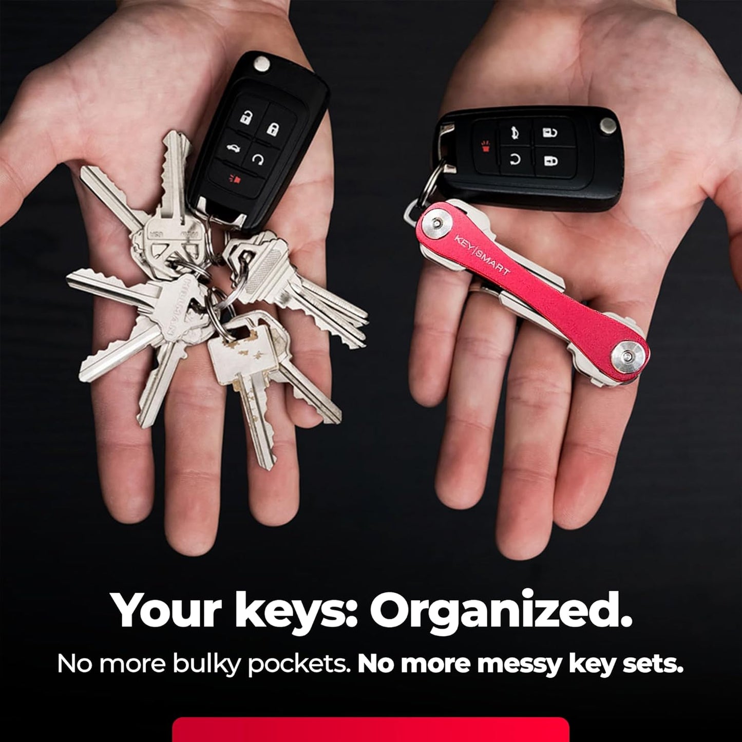 KEYSMART Key Holder for Keychain - Compact Key Organizer for Key Chain, Minimalist Clutter-Free EDC Keychains Key Ring, Red, 14 Keys