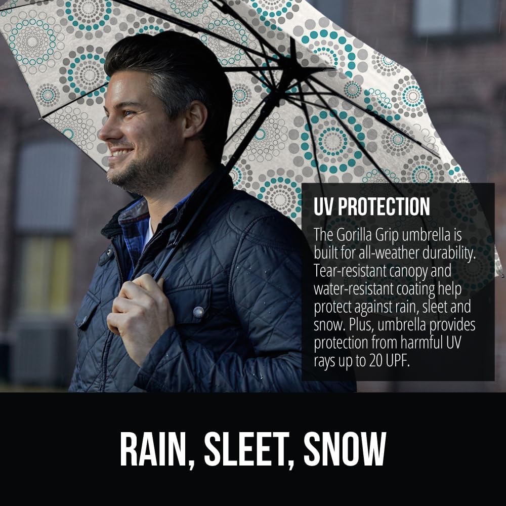 GORILLA GRIP Strong Stick Umbrella for Rain, Compact Travel One-Click Automatic Open Close, Lightweight, Portable, US Designed Reinforced Fiberglass Ribs, Wind Resistant, Easy Collapse, Spiral