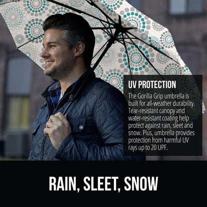 GORILLA GRIP Strong Stick Umbrella for Rain, Compact Travel One-Click Automatic Open Close, Lightweight, Portable, US Designed Reinforced Fiberglass Ribs, Wind Resistant, Easy Collapse, Spiral