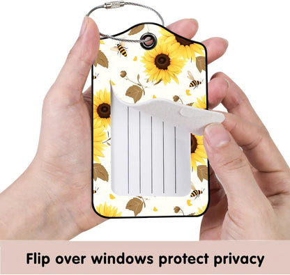 Luggage Tags for Suitcases, 2-Pack PU Leather for Cruise & Travel, Baggage ID Tags with Privacy Cover & Address Card, Durable Metal Ring, Kids Adults Travel Accessories, Sunflower Buzz