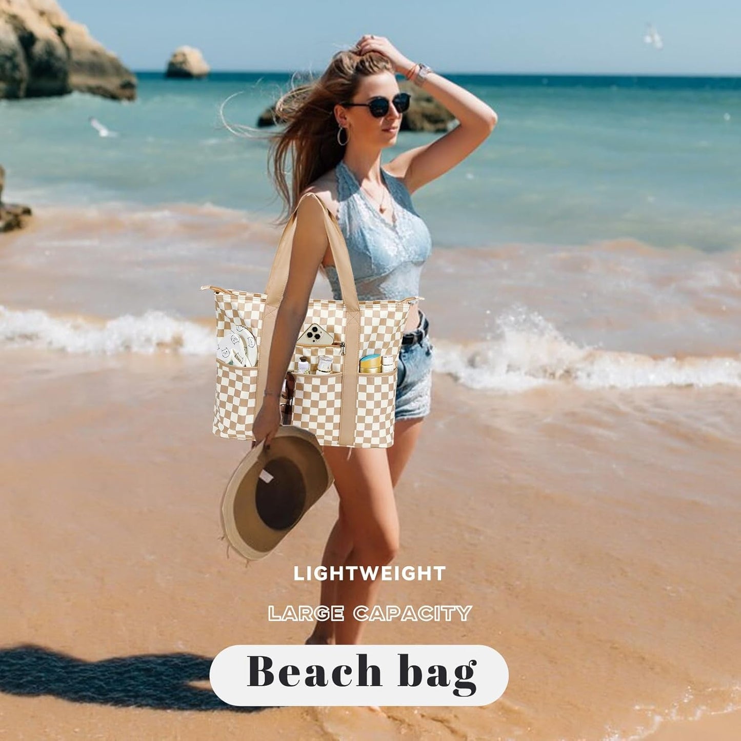 LEDAOU Beach Bags for Women, Beach Bags Waterproof Sandproof, Packable Beach Tote Bag with Zipper Travel Sports