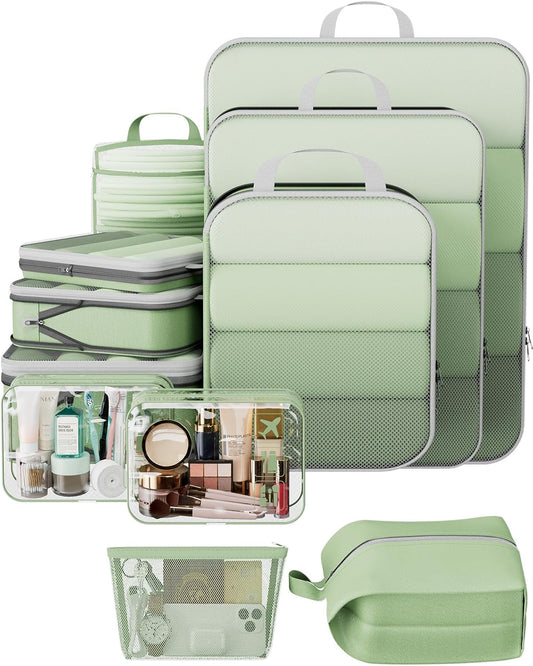 Veken 11 Set Compression Packing Cubes for Travel Essentials,Compressible Expandable Large Luggage Suitcase Organizer Bags for Clothing,Durable Space Saver Storage Bags(Matcha Green)