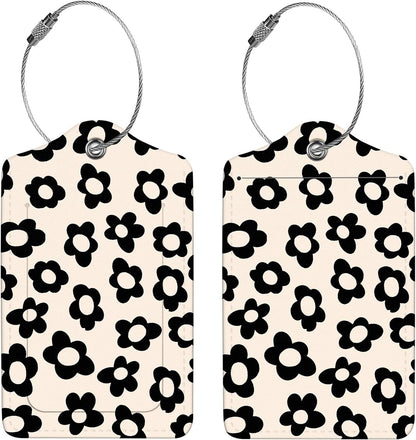 2 Pcs Luggage Tags for Suitcase, Cute Unique PU Leather Travel Bag Tag with Privacy Cover ID Label Address Card and Durable Metal Ring Suitable for Men Women Children Backpack,Black Flowers