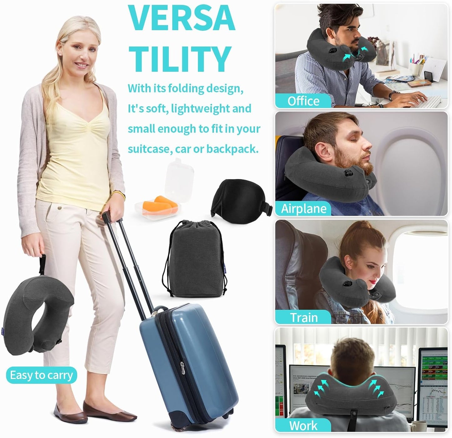 2 Pack Inflatable Travel Neck Pillows for Airplanes, Head Support Velvet Adult Neck Pillows for Long Flight, Kit with Eye Mask, Earplugs and Storage Bag, 2, Dark Gray