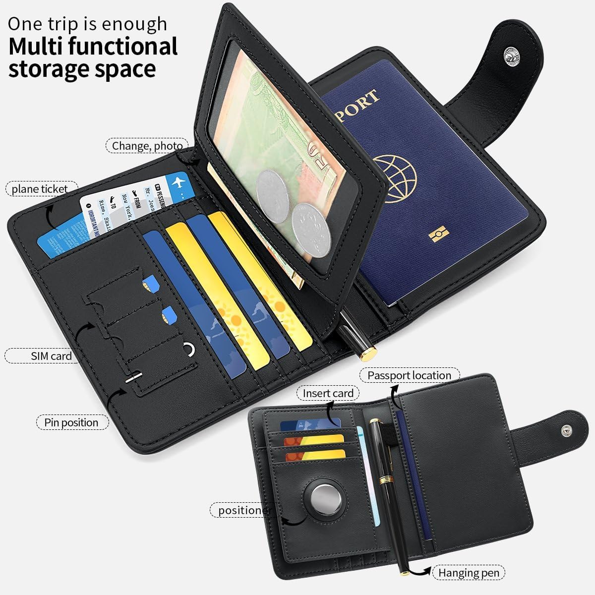 Passport Holder Wallet Bag with AirTag Holder, Card Slots Passport Solt Ticket Cash Solt, Photo Solt Sim Card Pen Slot.Black