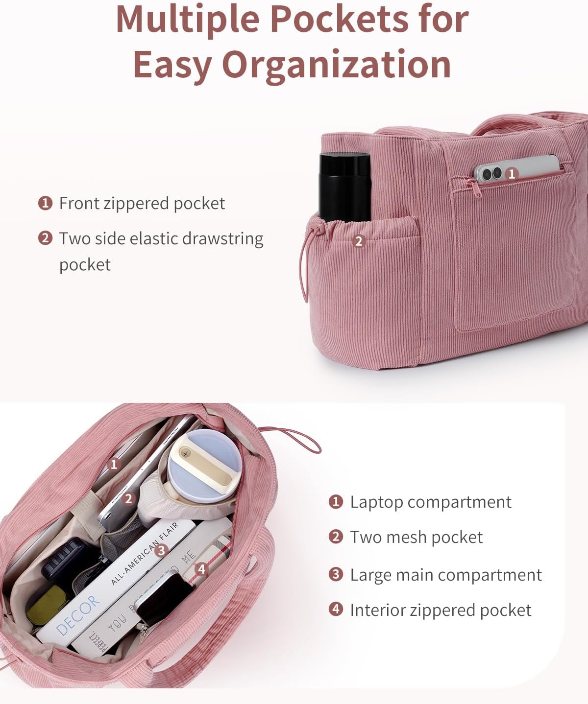 ECOHUB Tote Bag for Women, Work Tote Bags with Laptop Compartment, Large Corduroy Tote Bag with Stanley Cup Holder