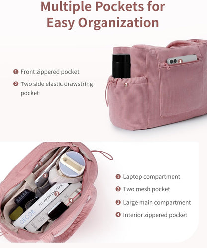 ECOHUB Tote Bag for Women, Work Tote Bags with Laptop Compartment, Large Corduroy Tote Bag with Stanley Cup Holder