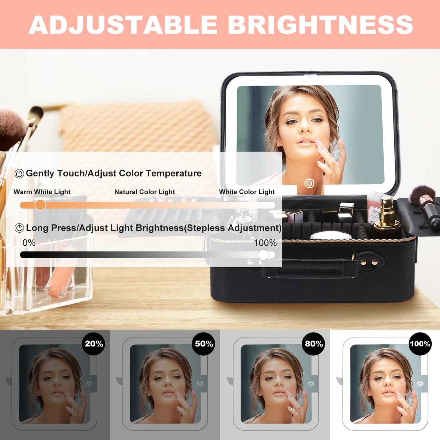 Mocado Travel Makeup Bag with LED Lighted Mirror,Makeup Case with 3 Color Lighted Setting and 10x Magnifying Mirror, Portable Storage and Adjustable Dividers (Black with Hard Leather)