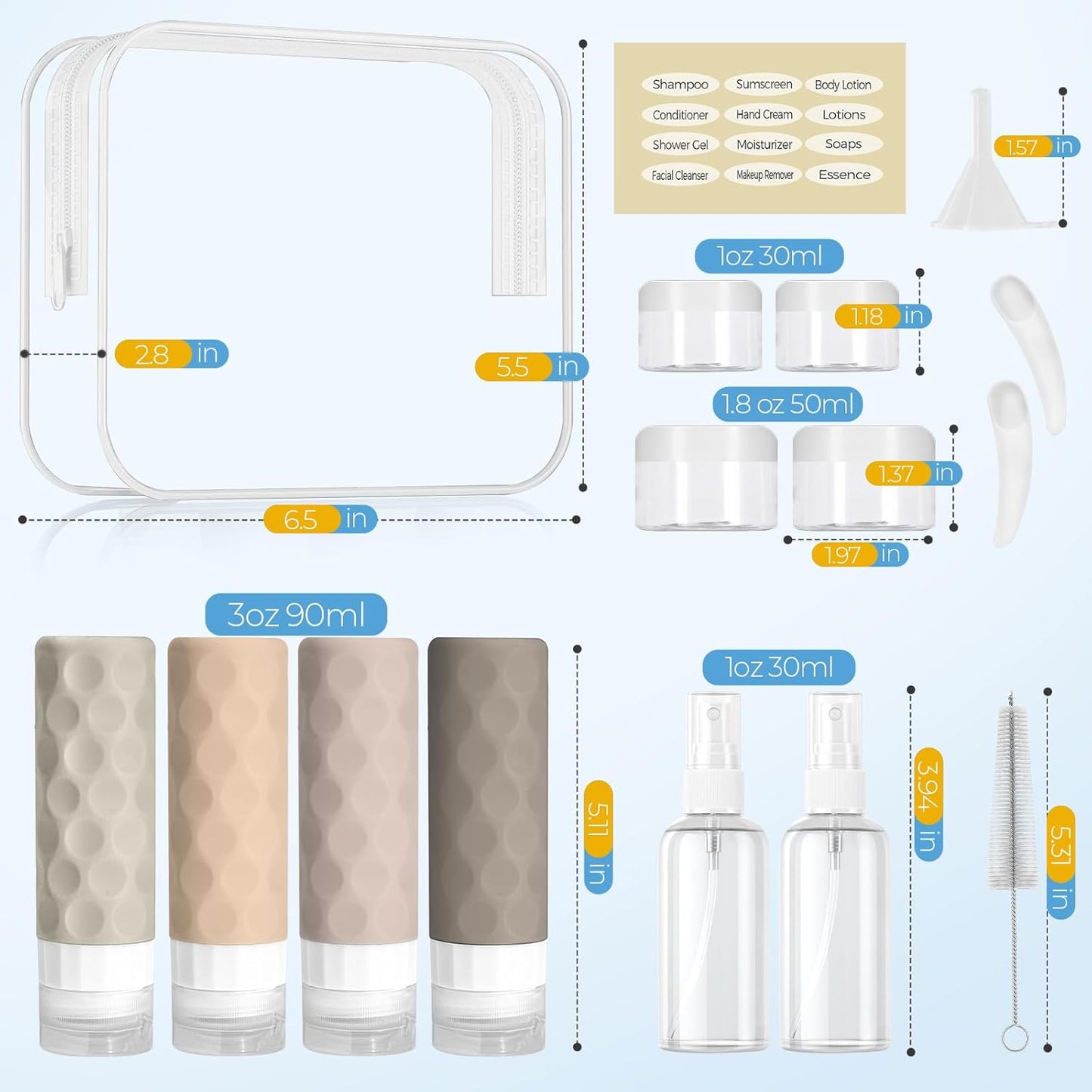 16pack Travel Bottles for Toiletries, TSA Approved Travel Size Containers Set, Leak Proof Refillable Liquid & Creams Toiletries Accessories Kit W/Toiletry Bag (Cream)