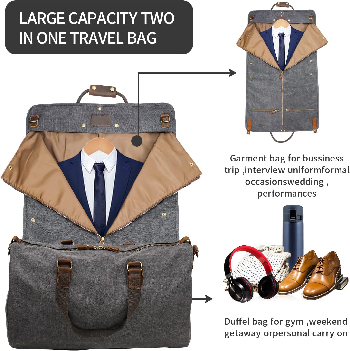 2 in 1 Canvas Leather Suit Luggage Garment Bag with Shoulder Strap for Travel and Business Trips (Grey)