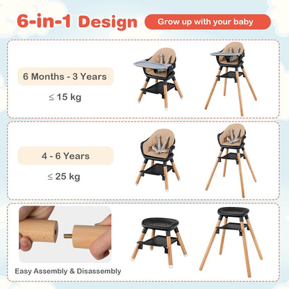 HONEY JOY Baby High Chair, 6 in 1 Convertible Wooden Highchair for Babies and Toddlers/Chair/Bar Stool, Removable Double Tray & Reversible Footrest, Safety Harness for Infant Boys Girls (Coffee)
