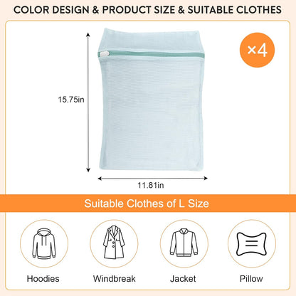 4-Piece Blue Medium Durable Organic Cotton Mesh Laundry Bags with Sturdy Zippers and Breathable Mesh are Delicate Laundry Bags for Underwear, Clothes, Pants and Socks