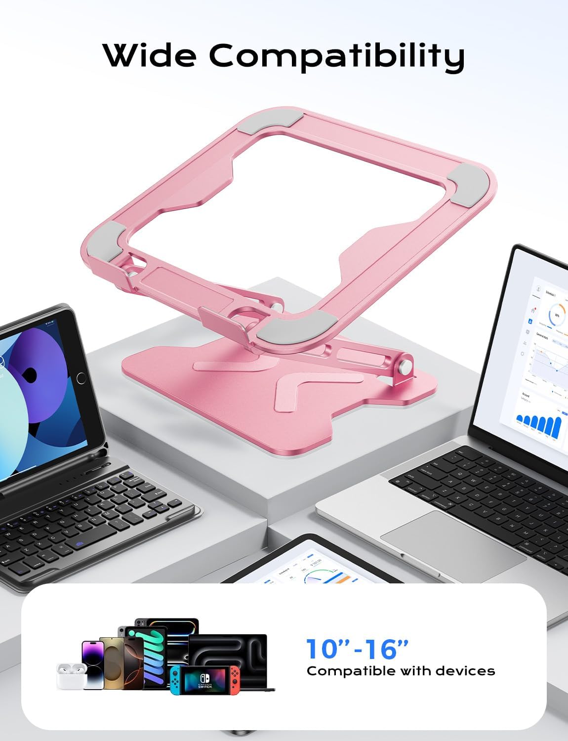 Adjustable Laptop Stand for Desk, Metal Foldable Laptop Riser, Portable Laptop Holder Mount, Ventilated Cooling Computer Notebook Stand for MacBook Air Pro, All 10-16'' Notebooks Laptops, Pink