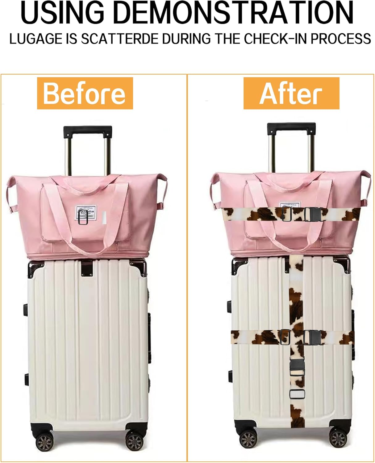 Luggage Straps for Suitcases, Adjustable Travel Belt, Durable Wide Luggage Strap, Cute Suitcase Strap Identifiers with Buckle, Bag Straps for Luggage, Retro Brown Cowhide