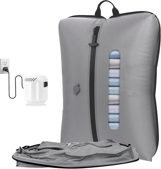 2025 Vacuum Bags for Travel with See-Through Window & 5KPa Pump Space Saver Vacuum Seal Bags for Clothing Travel IP67 Reusable Packing Organizers for Luggage, Backpack, Suitcase Grey 1PC+Pump
