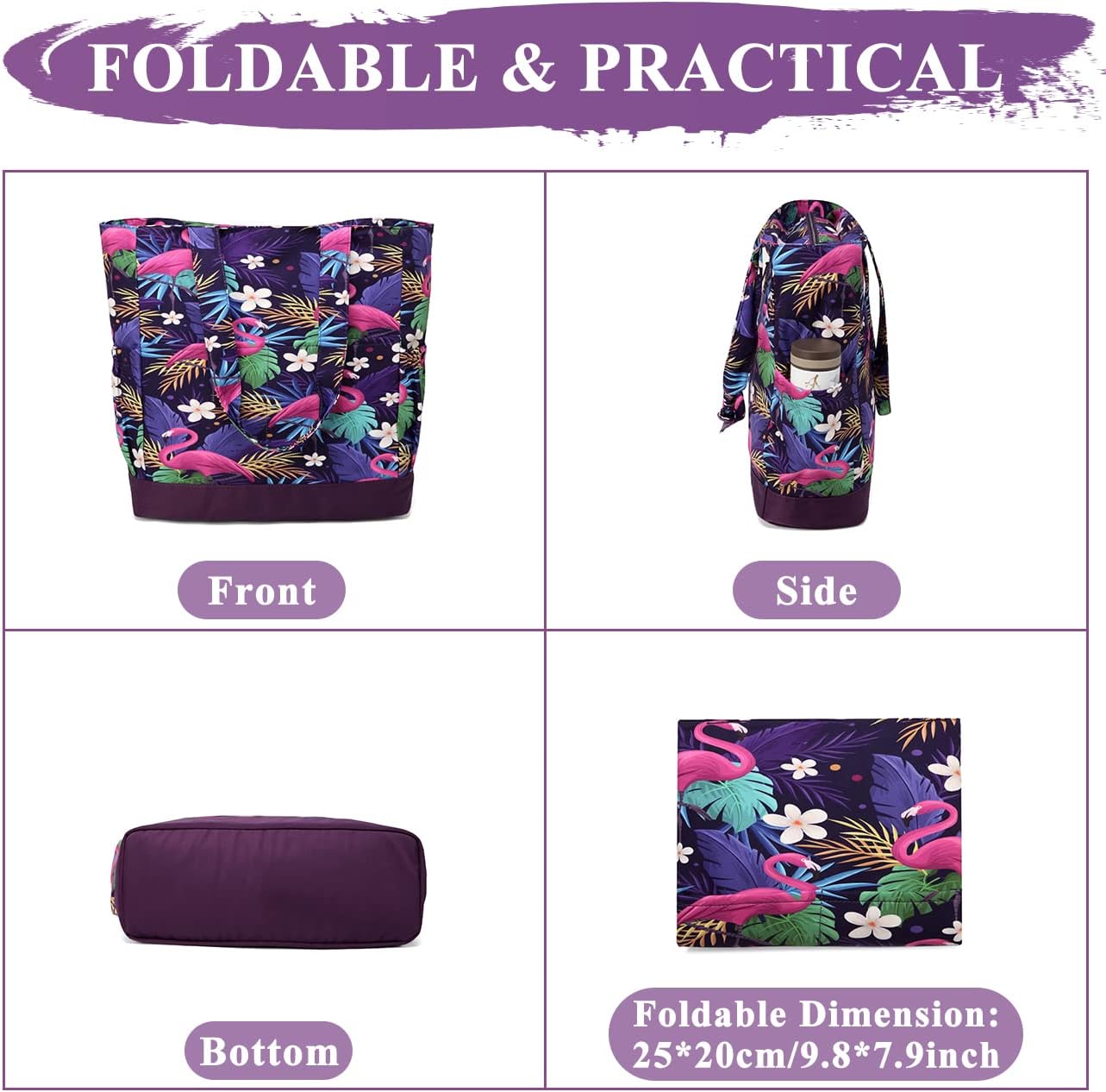 VASCHY Beach Bag for Women, Large Waterproof Sandproof Fold-able Packable Pool Tote Bag w Zipper/Pockets