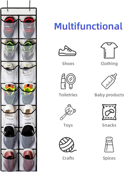 KEEPJOY Over the Door Shoe Organizer, Hanging Shoe Organizer with 4 Hooks, Shoe Holder with 14 Mesh Pockets Closet Door Shoe Storage Bag (White-2Pack)