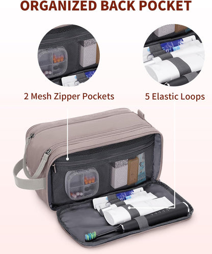 WANDF Toiletry Bag for Men Travel Toiletry Organizer Canvas and Leather Dopp Kit Water-Resistant Shaving Bag for Travel Accessories (Light Pink, Large)