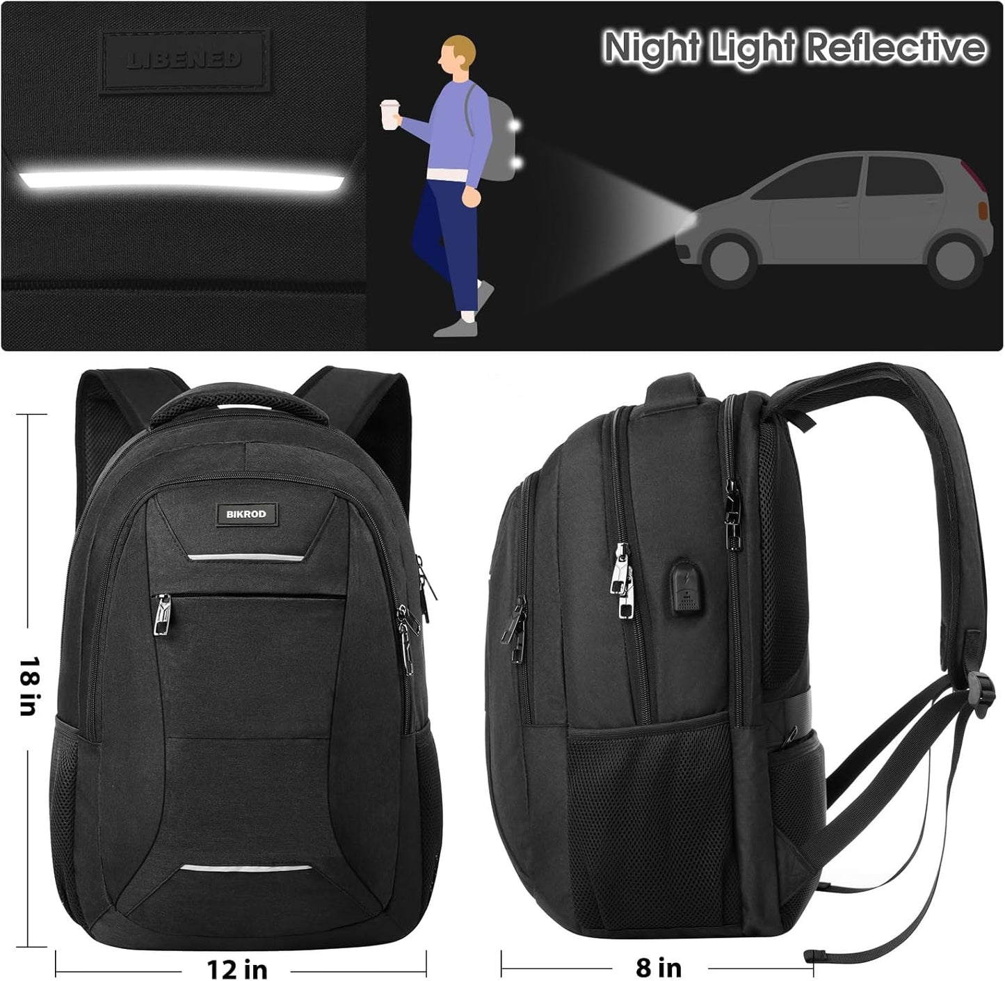 Backpack for Men and Women, School Backpack for Teens, Black Backpack for Boys with USB Charging Port Fits 15.6 Inch Laptop, Water Resistant Travel College Bookbag