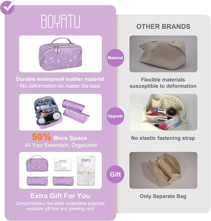 BOYATU Travel Makeup Bag Cosmetic Bags for Women: 3 Pcs Set Portable Make up Bag with Handle - Vegan Leather Toiletry Bags with Compartments - Makeup Organizer for Travel Essentials(04-Lilac)