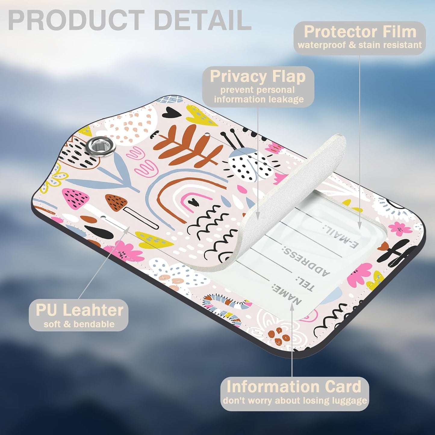 2 Pack Luggage Tags for Suitcases Rainbow Butterfly Mushroom Flower Leather Luggage Tags Privacy Cover ID Label with Stainless Steel Loop and Address Card for Women Men Travel Bag Backpack