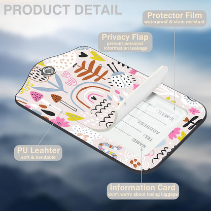 2 Pack Luggage Tags for Suitcases Rainbow Butterfly Mushroom Flower Leather Luggage Tags Privacy Cover ID Label with Stainless Steel Loop and Address Card for Women Men Travel Bag Backpack