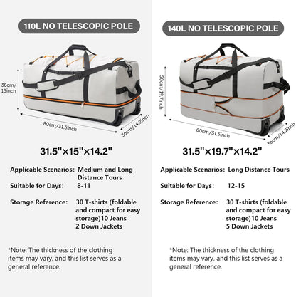 Vomgomfom 32" Soft-Sided Foldable Wheeled Travel Duffel Bag,Expandable 110L to 140L Rolling Cargo Bag with 2 Wheels and Multiple Pockets,Grey