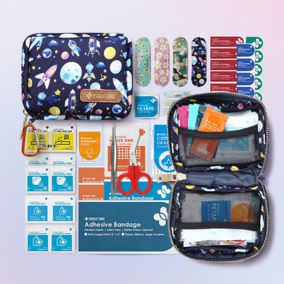 EVERLIT Mini Rescue Pack | 105 Medical Essentials Organized in Portable Storage Bag | Pocket Size Kids First Aid Kit with D Ring | Small Family-Friendly Travel Medical Kit (Space)