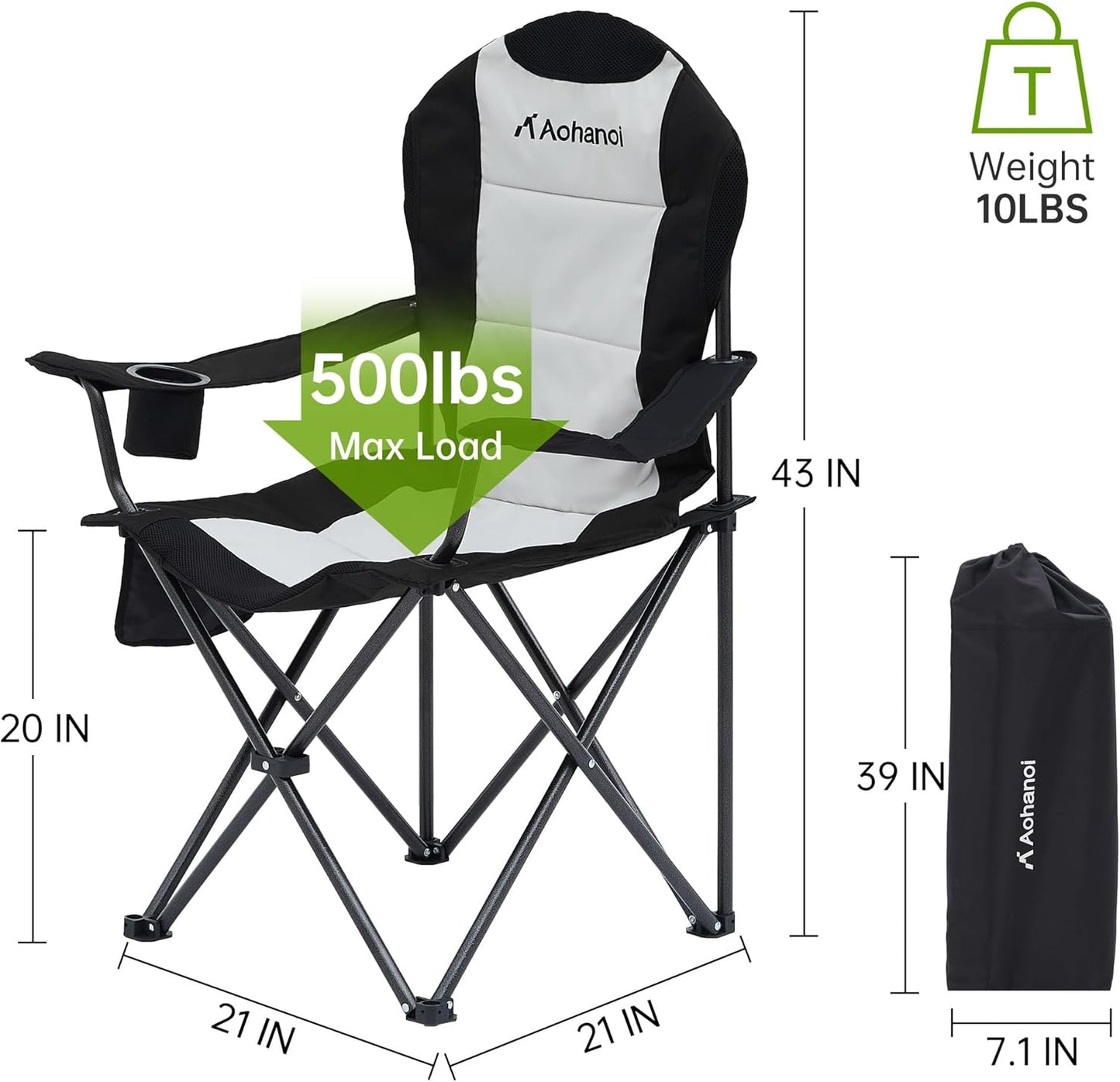 Camping Chairs for Heavy People, Folding Chairs for Outside Outdoor Folding Chairs with Cup Holder & Cooler Bag, Camp Chairs Supports up to 500lbs(2 PC, Black White)