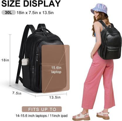 30L Business Laptop Backpack for Women Men, Travel Work Backpack Purse Faux Leather College Bookbag fits 15.6" Laptop - Black