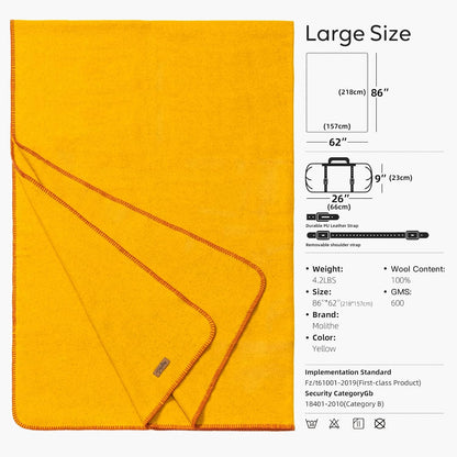 100% Wool Blanket, 62" x 86", Warm, Thick, Washable, Military Wool Blanket, Great for Camping, Outdoors, Sporting Events, Survival Kits, Yellow