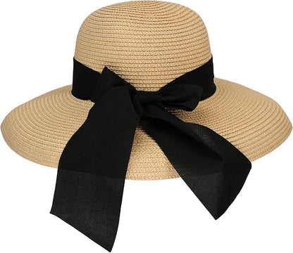 Surblue Straw Summer Hat Women's Floppy Sun Hat Wide Brim Beach Bow Hat by SURBLUE