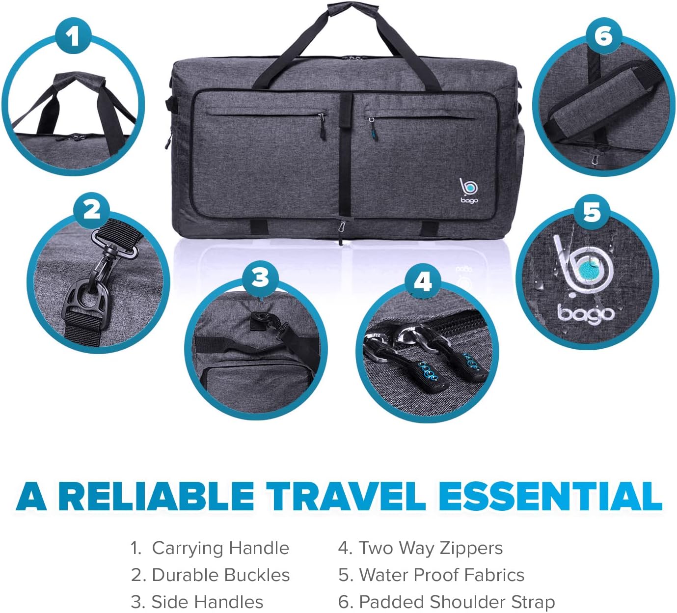 Bago Large Foldable Duffel Bags for Traveling Women & Men - 100L Packable Duffle Bag for Travel with Shoe Compartment - Water Repellant, Heavy Duty, Lightweight Folding & Collapsible (SnowBlack)