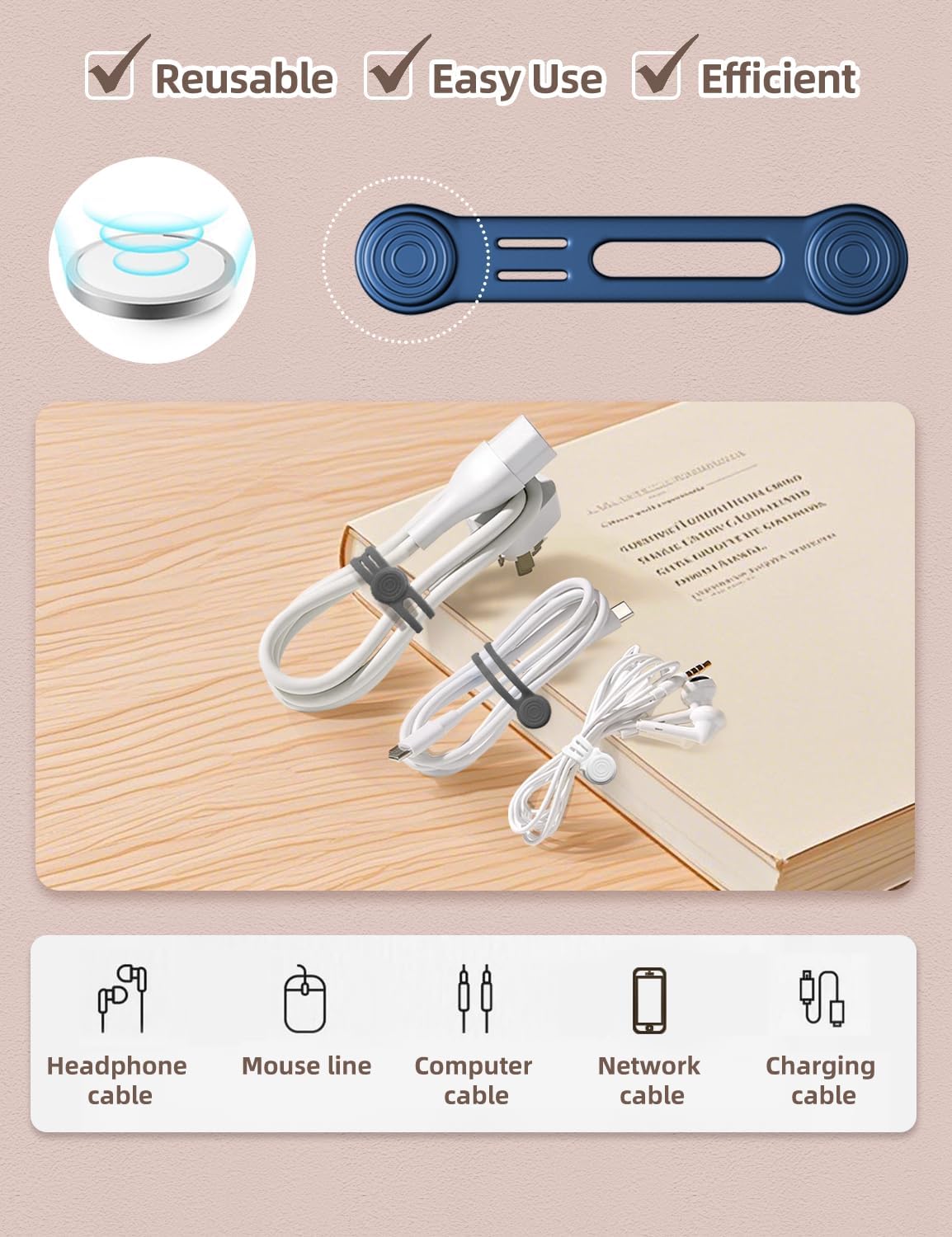 Kanemc 8 Pack Magnetic Twist Ties, Silicone Magnet Cable Tie Reusable Cord Strap For USB Earphone Charger Video Game Cables (2White+4Gray+2Blue)