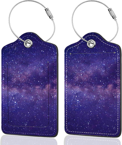 2Pack Luggage Tags for Suitcases, Cute Unique Pu Leather Cruise Luggage Tag with Privacy Cover ID Label Address Card and Metal Ring Suitable for Women Men Kids Travel Bag Purple Starry Sky